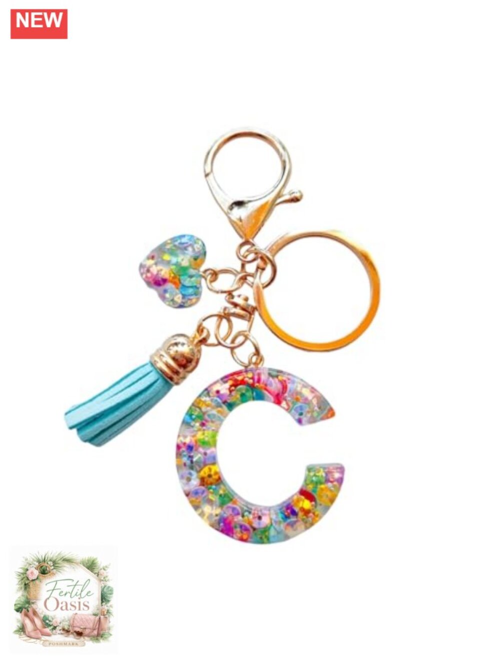 Initial Letter Keychain with Heart Charm and Tassel, Resin and Metal, Cute Gift